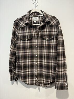 Lucky Brand Men’s Small Plaid Western Flannel Shirt Pearl Snap Brown Orange